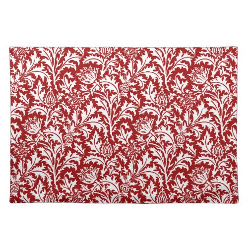 William Morris Thistle Damask Dark Red  White Cloth Placemat