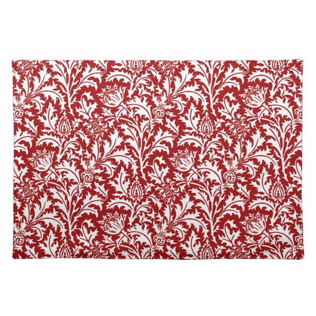 William Morris Thistle Damask, Dark Red & White Cloth Placemat (Front)