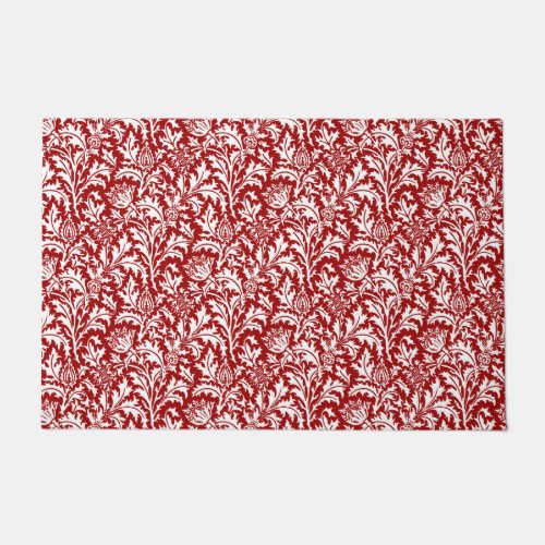 William Morris Thistle Damask Dark Red  White Doormat