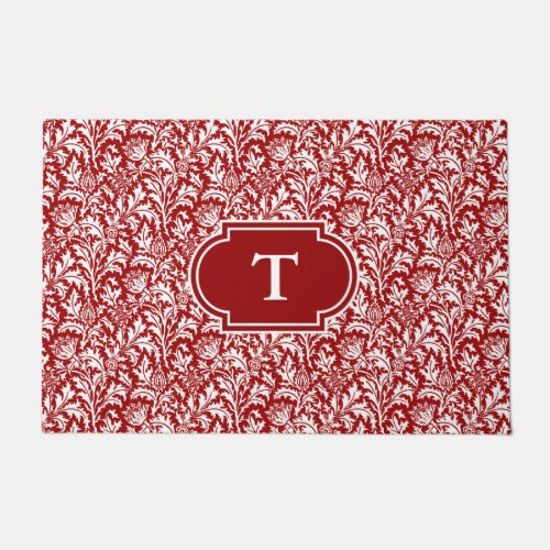 William Morris Thistle Damask Dark Red  White Doormat