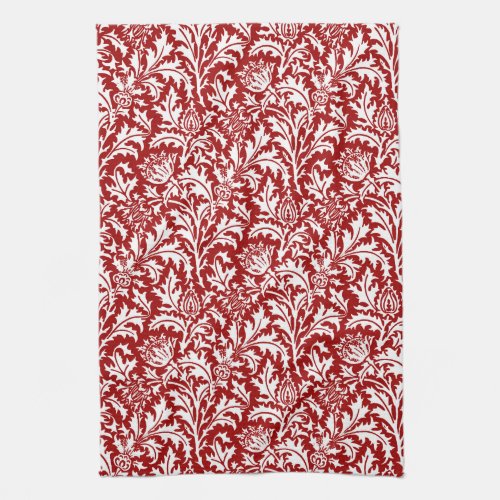 William Morris Thistle Damask Dark Red  White Kitchen Towel