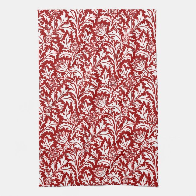 William Morris Thistle Damask, Dark Red & White Kitchen Towel (Vertical)