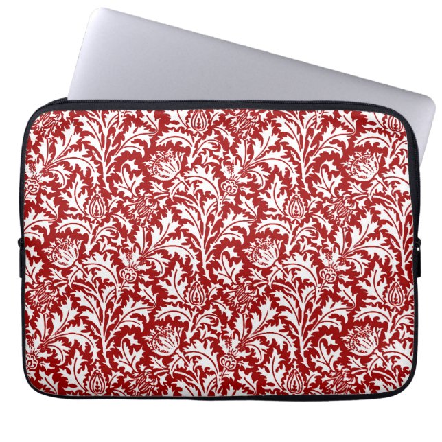 William Morris Thistle Damask, Dark Red & White Laptop Sleeve (Front)