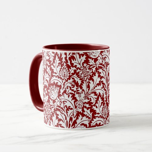 William Morris Thistle Damask Dark Red  White Mug