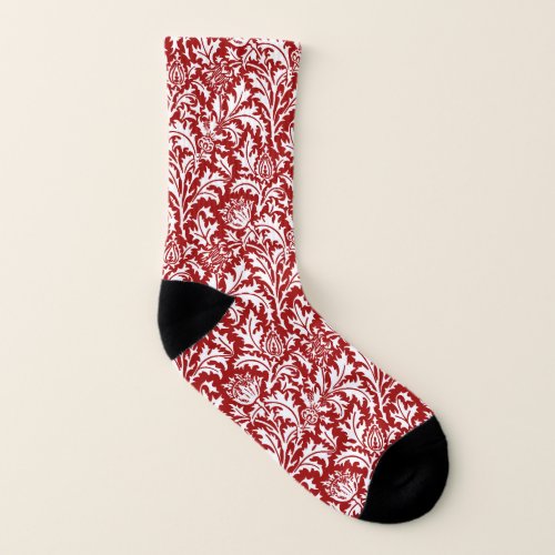 William Morris Thistle Damask Dark Red  White Socks