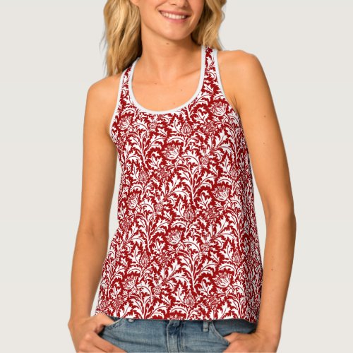 William Morris Thistle Damask Dark Red  White Tank Top