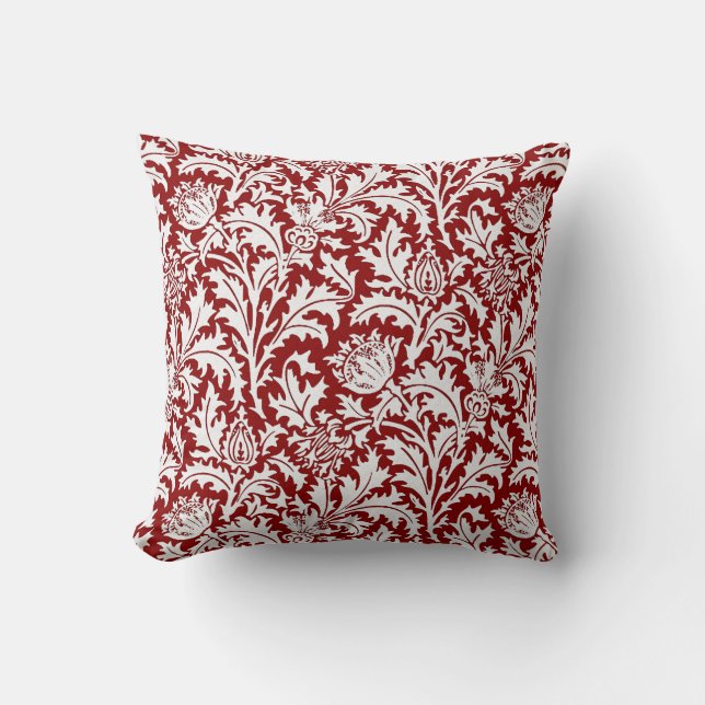 William Morris Thistle Damask, Dark Red & White Throw Pillow (Front)