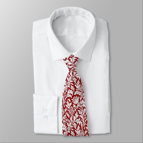 William Morris Thistle Damask Dark Red  White Tie