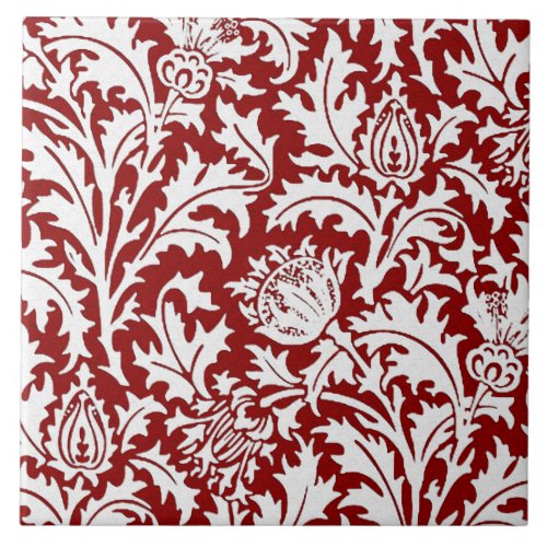 William Morris Thistle Damask Dark Red  White Tile