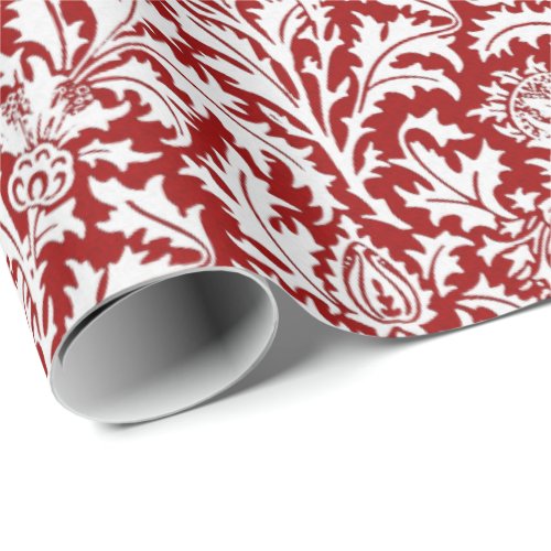 William Morris Thistle Damask Dark Red  White Wrapping Paper