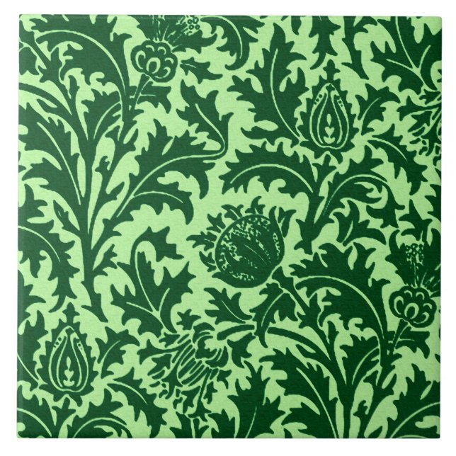 William Morris Thistle Damask, Emerald Green Ceramic Tile (Front)
