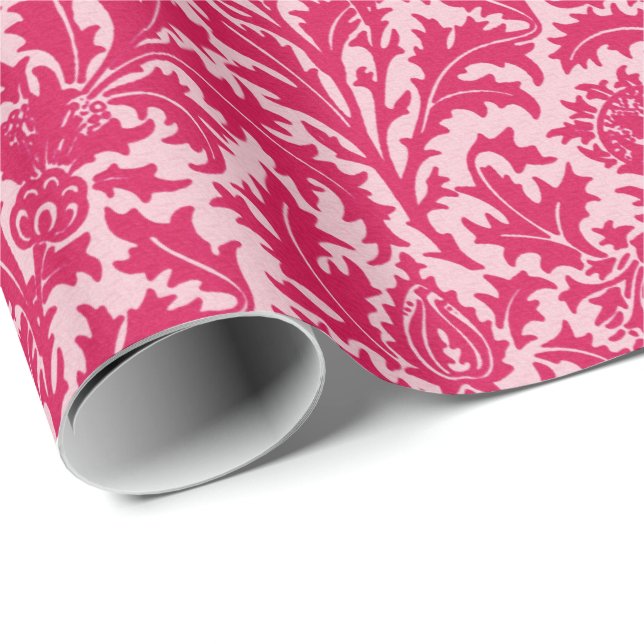 William Morris Thistle Damask, Fuchsia Pink Wrapping Paper (Roll Corner)