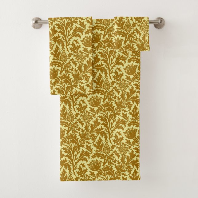William Morris Thistle Damask, Mustard Gold Bath Towel Set (Insitu)