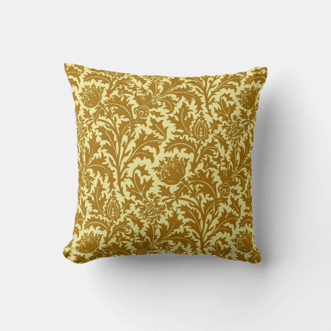 William Morris Thistle Damask, Mustard Gold Throw Pillow (Front)