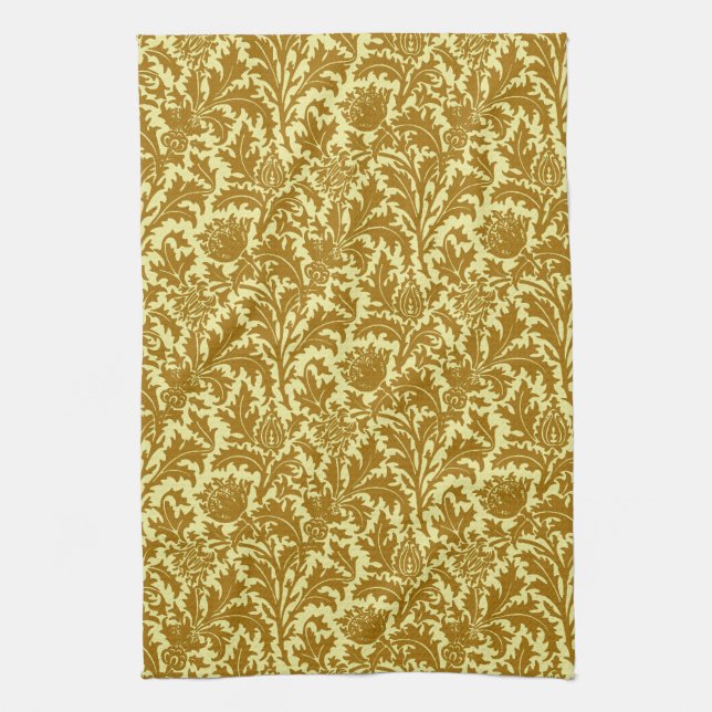 William Morris Thistle Damask, Mustard Gold Towel (Vertical)