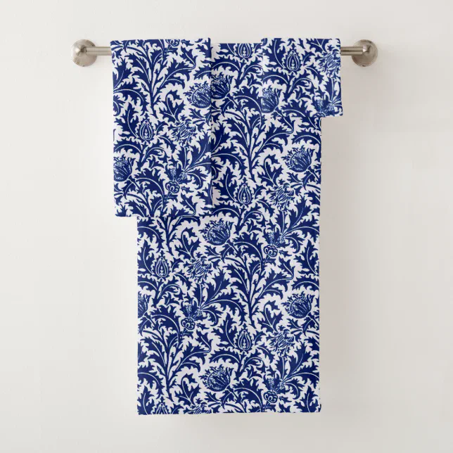 William Morris Thistle Damask, Navy Blue and White Bath Towel Set | Zazzle