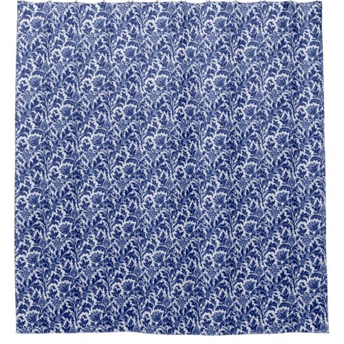 William Morris Thistle Damask Navy Blue and White Shower Curtain