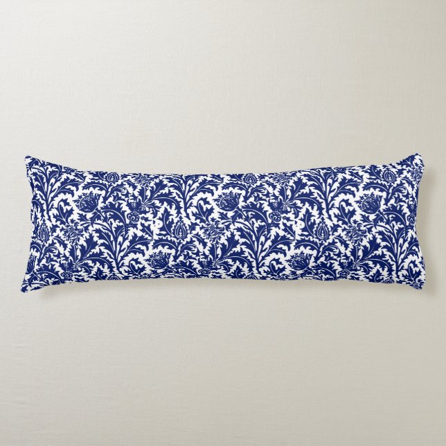 William Morris Thistle Damask Navy Blue on White Body Pillow (Front)