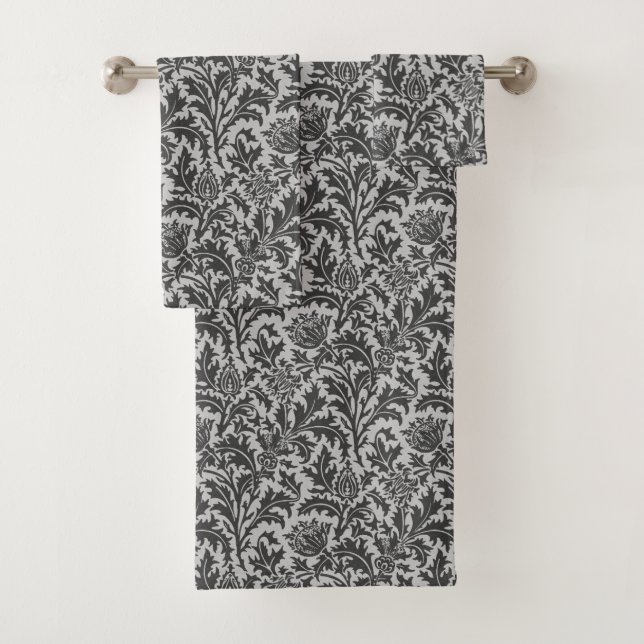 William Morris Thistle Damask, Silver Gray / Grey Bath Towel Set (Insitu)