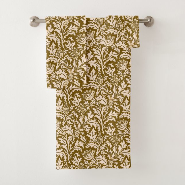 William Morris Thistle Damask, Taupe Tan and Beige Bath Towel Set (Insitu)
