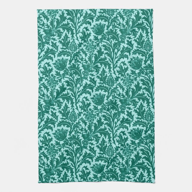 William Morris Thistle Damask, Turquoise and Aqua Kitchen Towel (Vertical)