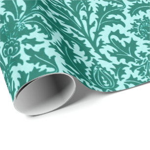 William Morris Thistle Damask, Turquoise and Aqua Wrapping Paper