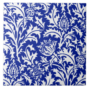 William Morris Thistle Damask White on Cobalt Blue Ceramic Tile