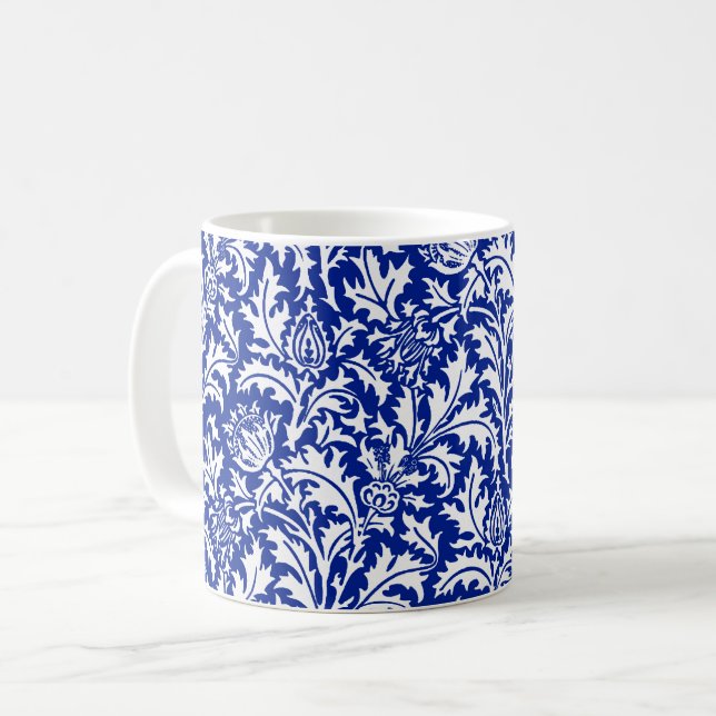 William Morris Thistle Damask White on Cobalt Blue Coffee Mug (Front Left)