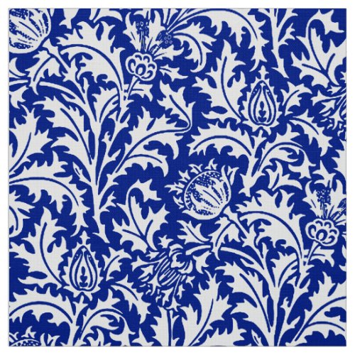 William Morris Thistle Damask White on Cobalt Blue Fabric