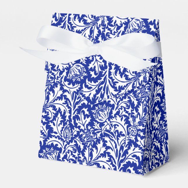 William Morris Thistle Damask White on Cobalt Blue Favor Boxes (Front Side)