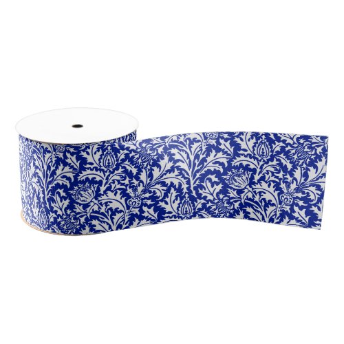 William Morris Thistle Damask White on Cobalt Blue Grosgrain Ribbon