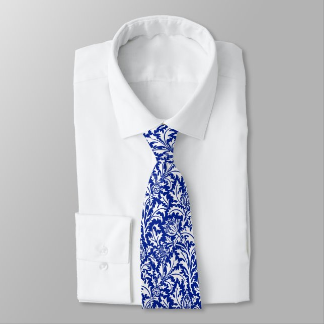 William Morris Thistle Damask White on Cobalt Blue Neck Tie (Tied)