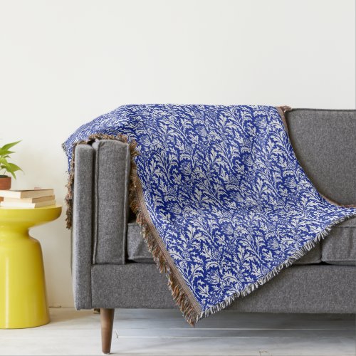 William Morris Thistle Damask White on Cobalt Blue Throw Blanket