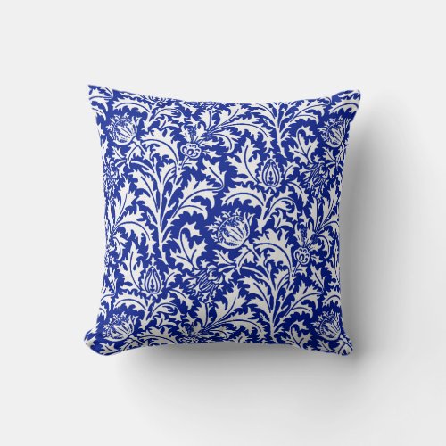 William Morris Thistle Damask White on Cobalt Blue Throw Pillow