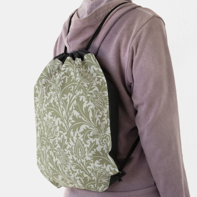 William Morris Thistle Sage Green Pattern Drawstring Bag (Insitu)