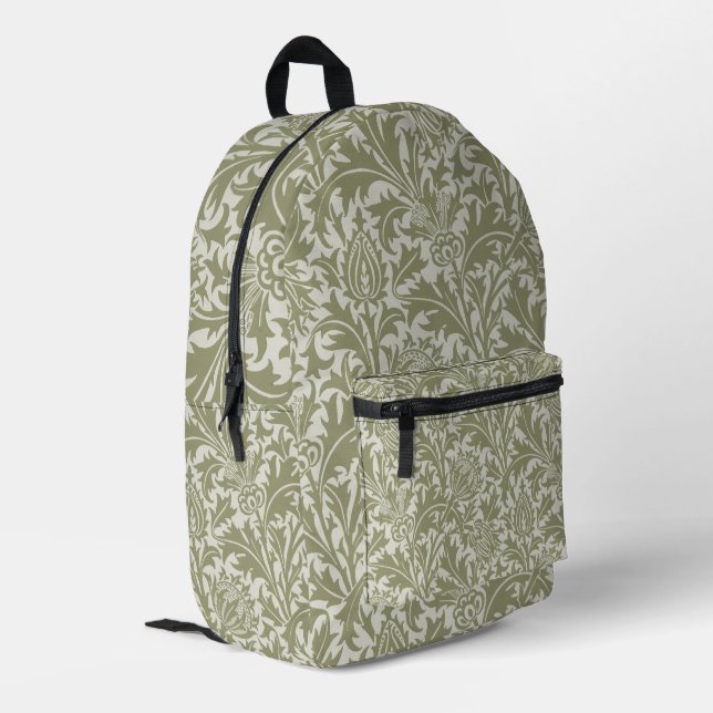 William Morris Thistle Sage Green Pattern Printed Backpack (Back Corner Left)