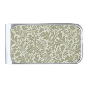 William Morris Thistle Sage Green Pattern Silver Finish Money Clip