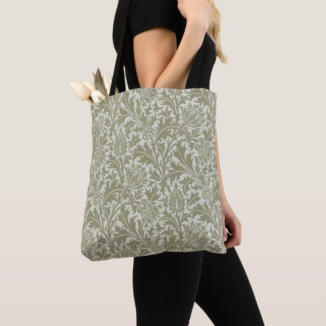 William Morris Thistle Sage Green Pattern Tote Bag (Close Up)