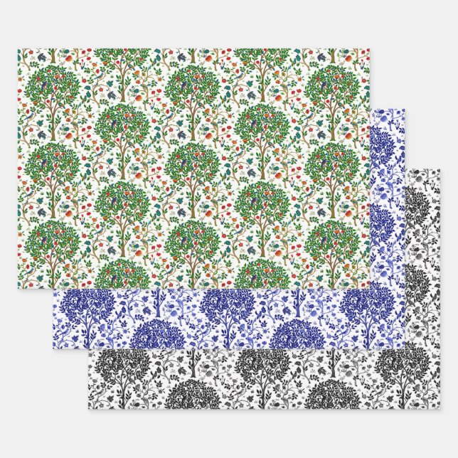 William Morris Tree of Life Cobalt, Blk/Wh, Multi  Wrapping Paper Sheets (Set)