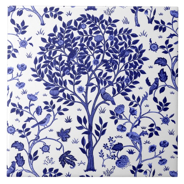 William Morris Tree of Life, Cobalt Blue and White Ceramic Tile (Front)