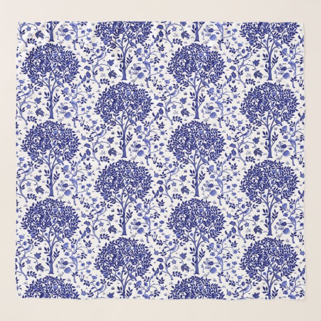 William Morris Tree of Life, Cobalt Blue and White Scarf (Front)