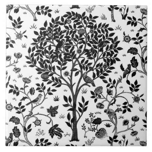 William Morris Tree of Life Pattern Black  White Ceramic Tile