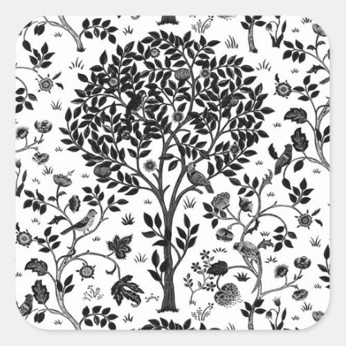 William Morris Tree of Life Pattern Black  White Square Sticker