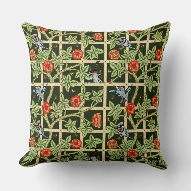 William Morris Trellis Pattern in Green Throw Pillow (Front)
