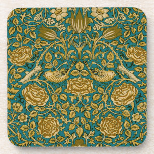 William Morris Tudor Rose Pattern Blue Golden Beverage Coaster