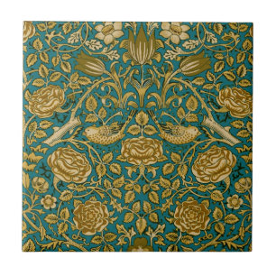 William Morris Tudor Rose Pattern Blue Golden Ceramic Tile