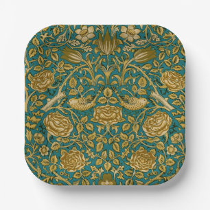 William Morris Tudor Rose Pattern Blue Golden Paper Plates
