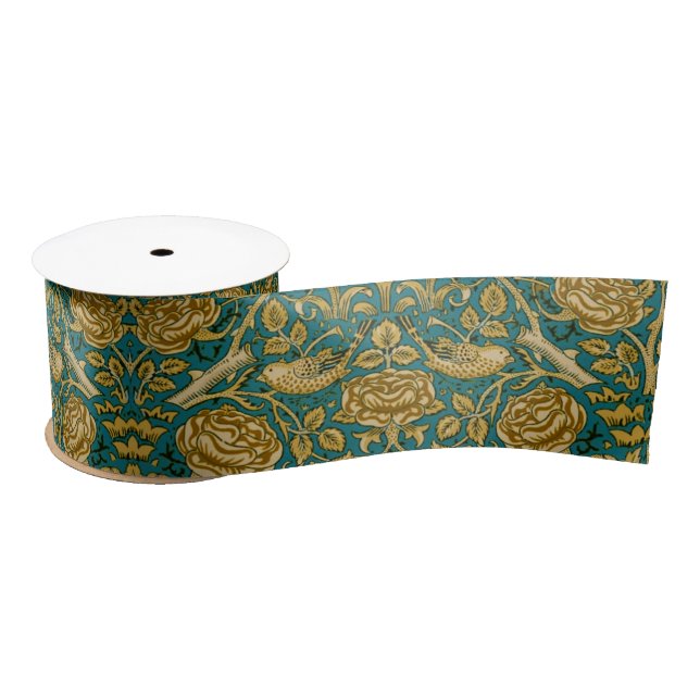 William Morris Tudor Rose Pattern Blue Golden Satin Ribbon (Spool)