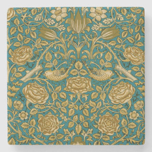 William Morris Tudor Rose Pattern Blue Golden Stone Coaster