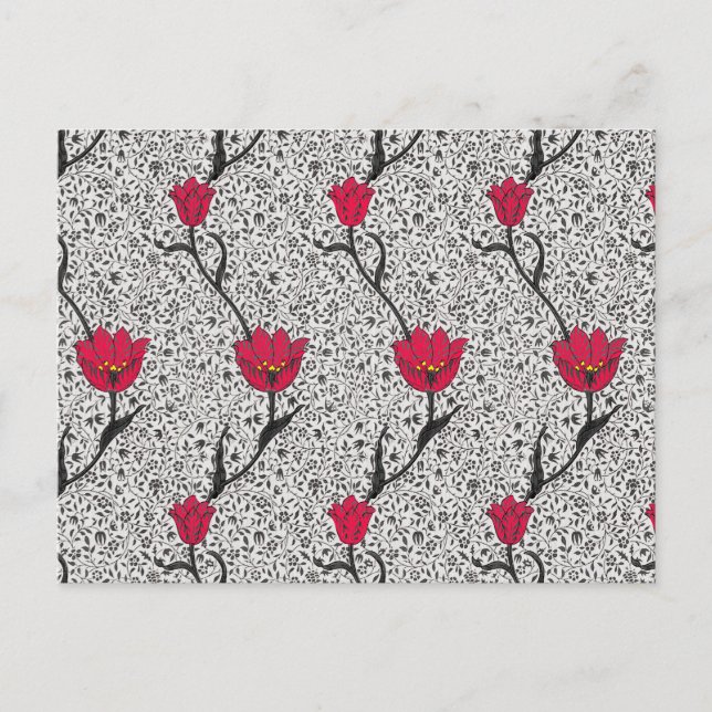 William Morris Tulip Damask, Grey and Red Postcard (Front)